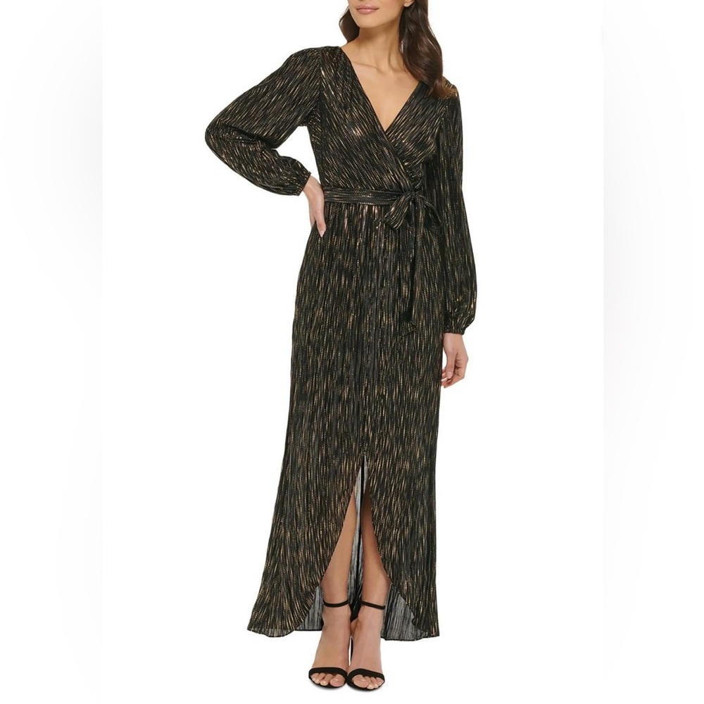 Guess Women’s Black & Gold Metallic Striped Faux Wrap Maxi Dress with Tulip Hem
